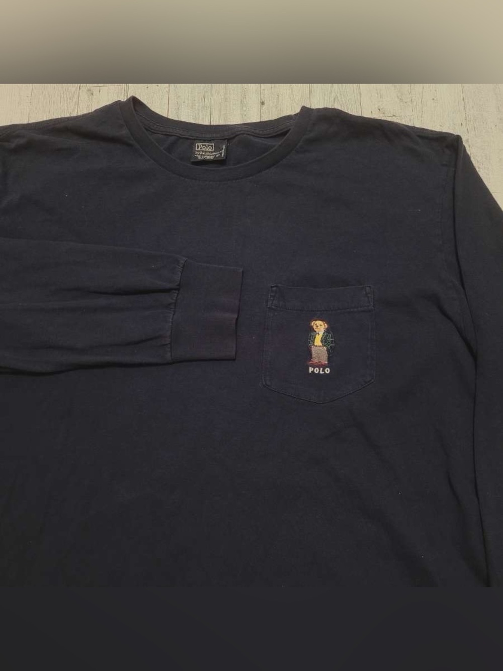 Men's Polo Ralph Lauren Bear Pocket Navy Blue Long Sleeve Shirt Size L Vintage